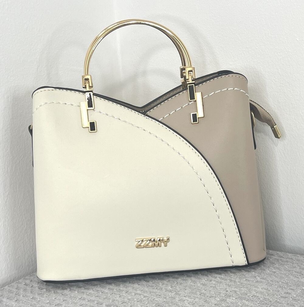 ZZMY Ivory Taupe Satchel Handbag Gold Handle Crossbody Purse Charm New